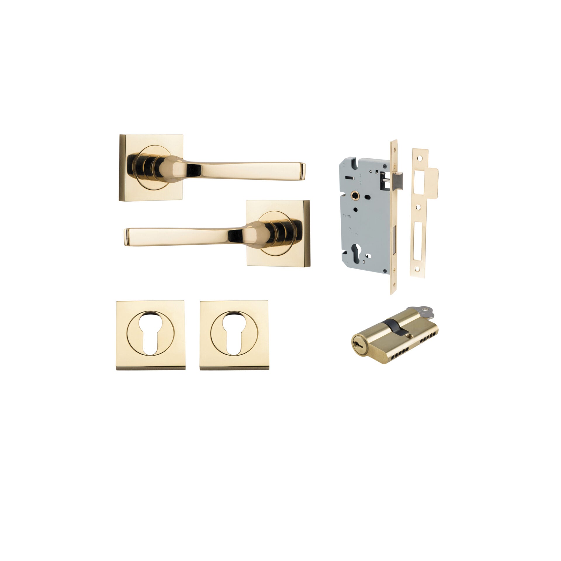 Annecy Lever - Square Rose - Entry Point - Iver - Polished Brass - Door Levers - Entrance Kit - Door Handle - Solid Brass