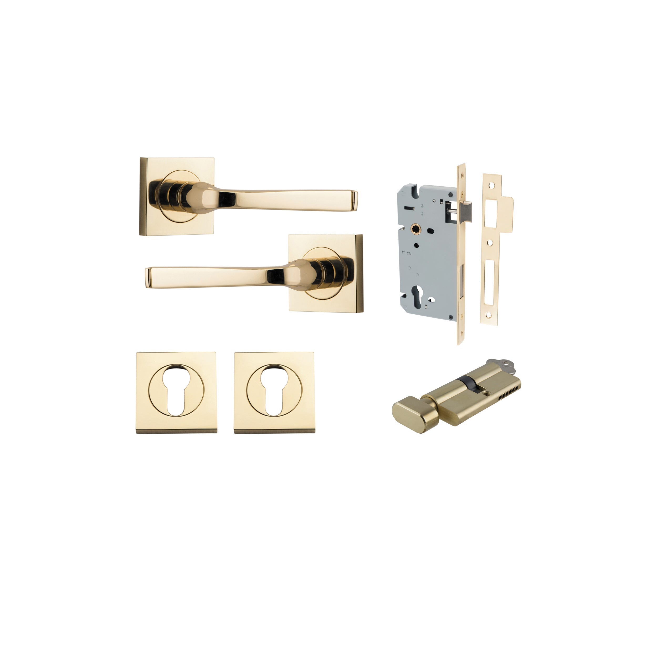 Annecy Lever - Square Rose - Entry Point - Iver - Polished Brass - Door Levers - Entrance Kit - Door Handle - Solid Brass