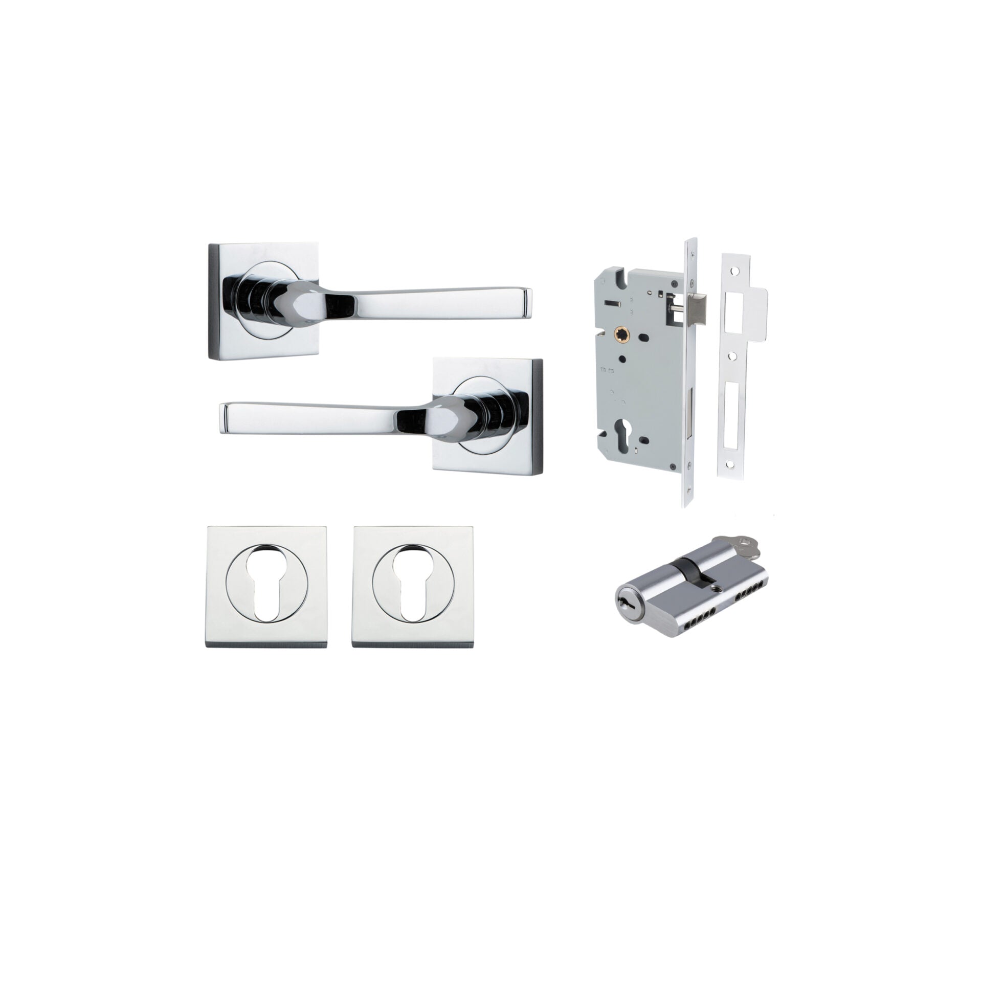 Annecy Lever - Square Rose - Entry Point - Iver - Polished Chrome - Door Levers - Entrance Kit - Door Handle - Solid Brass