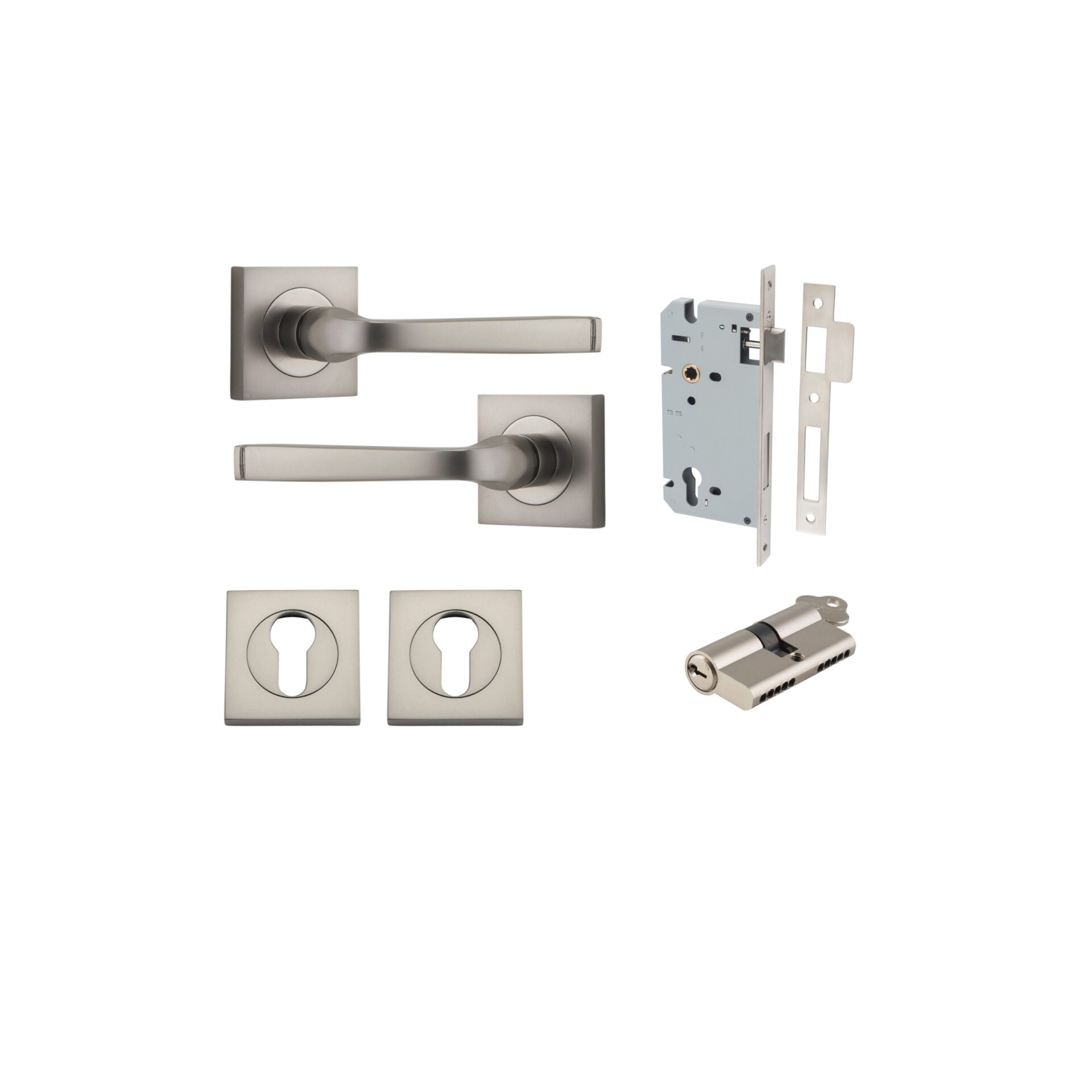 Annecy Lever - Square Rose - Entry Point - Iver - Satin Nickel - Door Levers - Entrance Kit  - Door Handle - Solid Brass