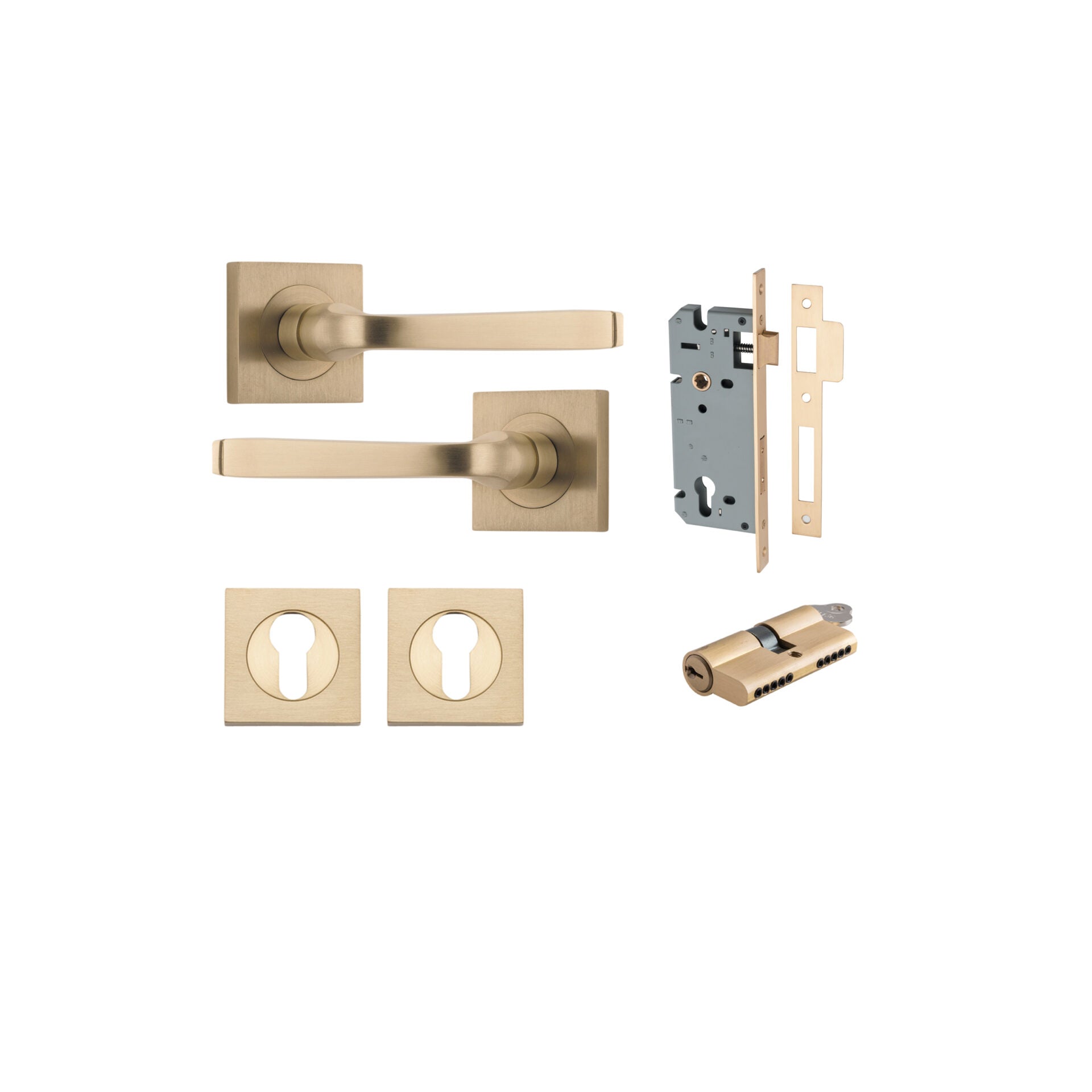 Annecy Lever - Square Rose - Entry Point - Iver - Brushed Brass - Door Levers - Entrance Kit - Door Handle - Solid Brass