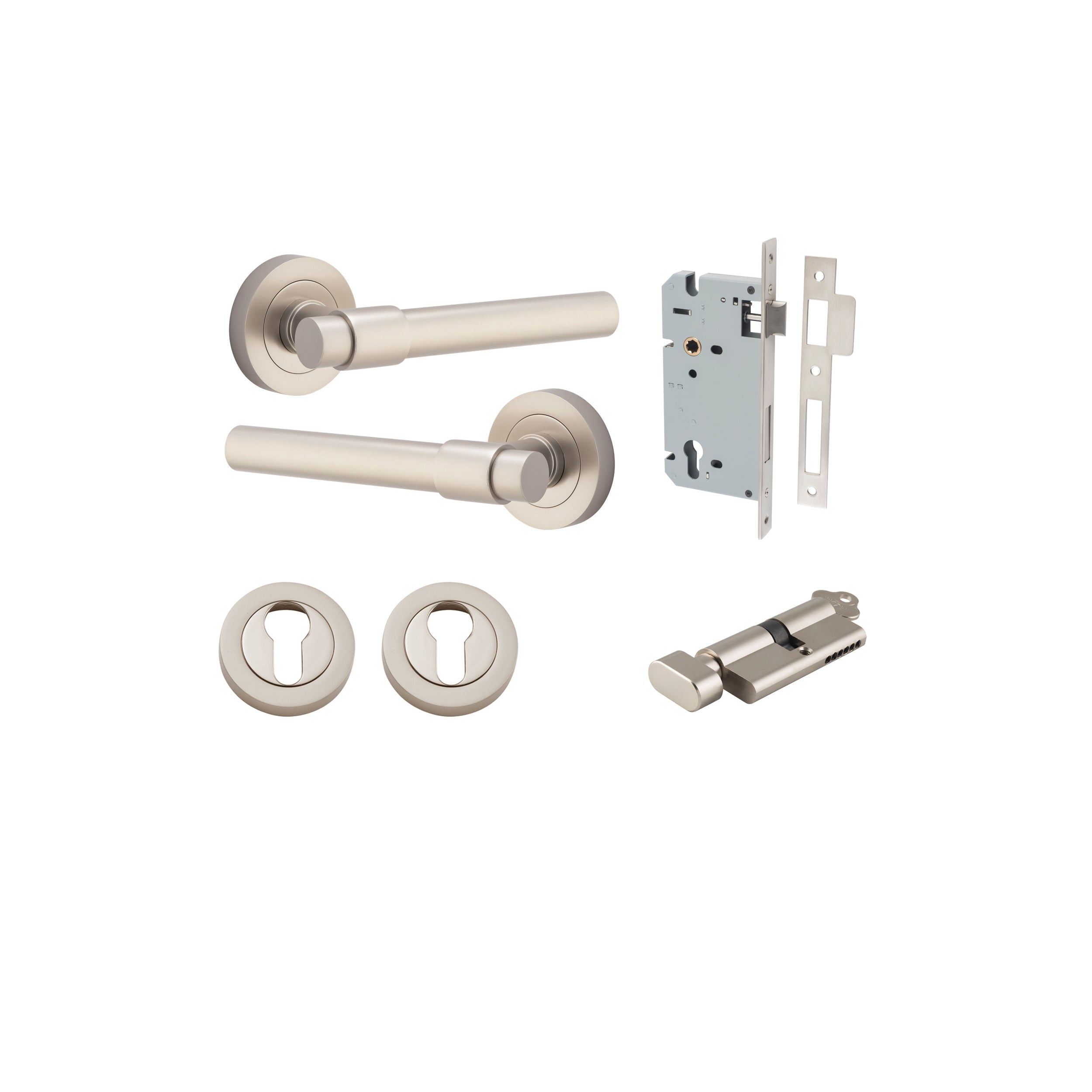 Helsinki Lever - Round Rose - Entry Point - Iver - Satin Nickel - Door Levers