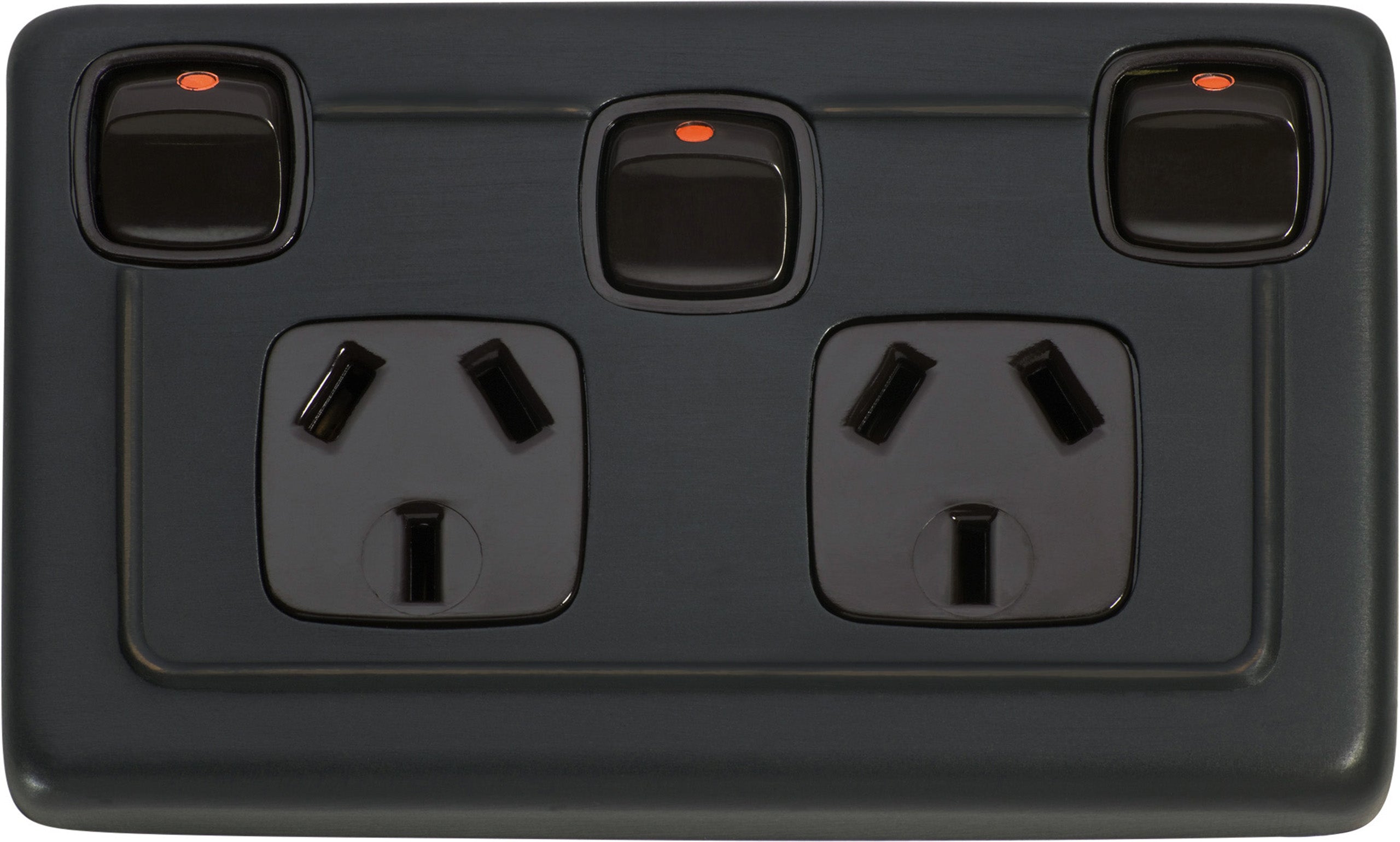 3 Gang Flat Plate Rocker Switches with Double Socket by Tradco