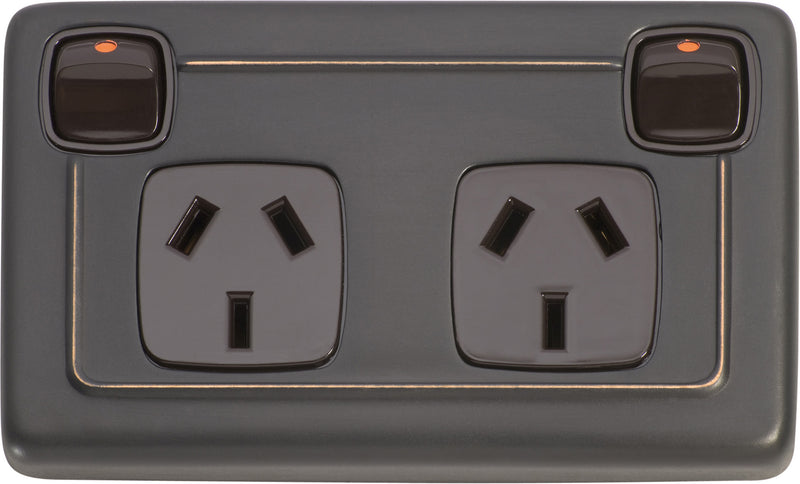 2 Gang Flat Plate Rocker Switches with Double Socket by Tradco