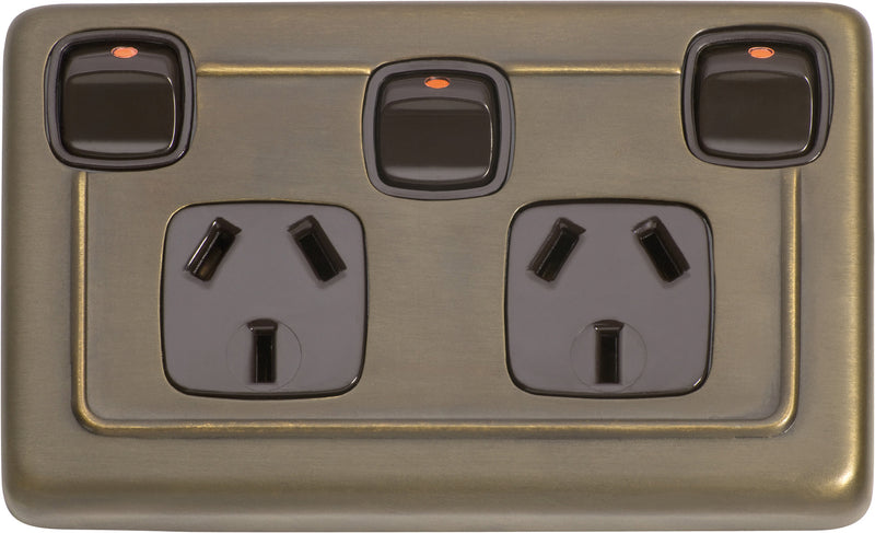 3 Gang Flat Plate Rocker Switches with Double Socket by Tradco