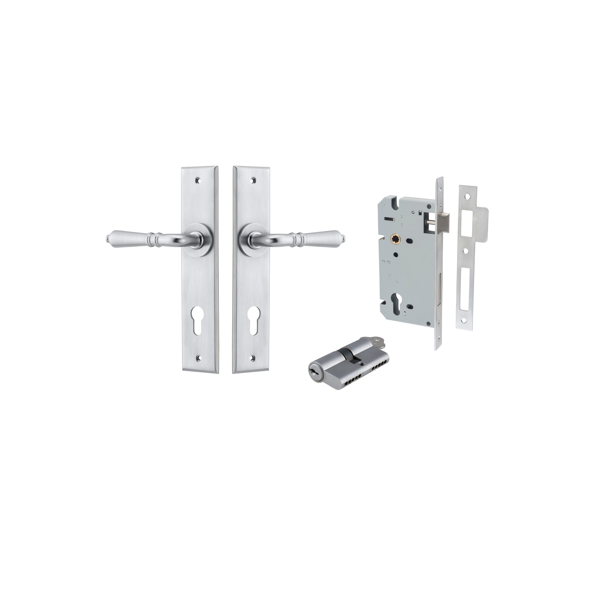 Sarlat Lever - Chamfered Backplate - Entry Point - Iver - Brushed Chrome - Door Levers