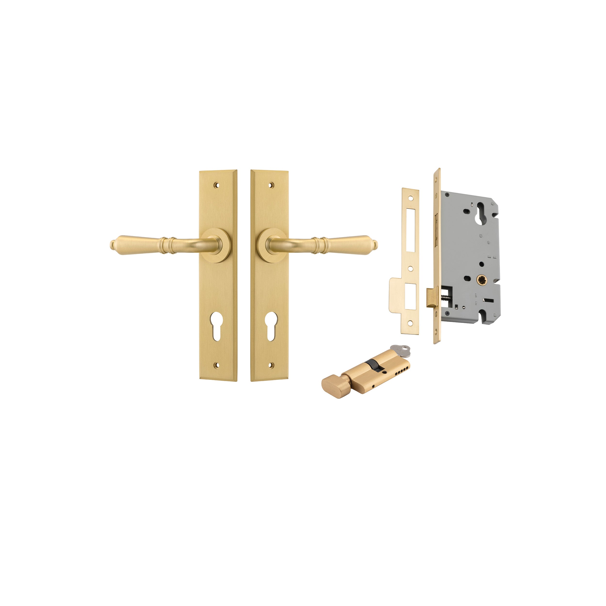 Sarlat Lever - Chamfered Backplate - Entry Point - Iver - Brushed Gold PVD - Door Levers