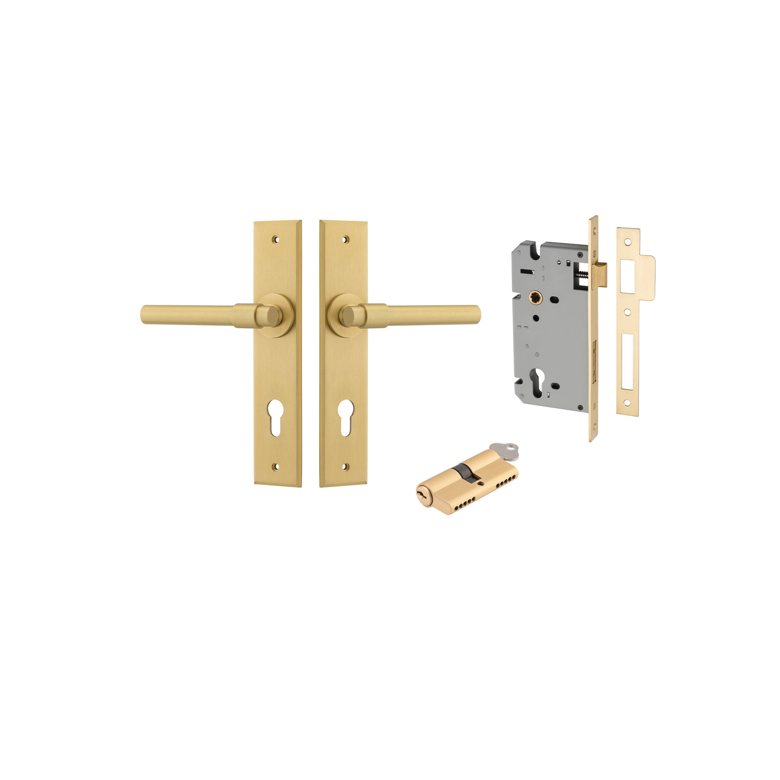 Helsinki Lever - Chamfered Backplate - Entry Point - Iver - Brushed Gold PVD - Door Levers