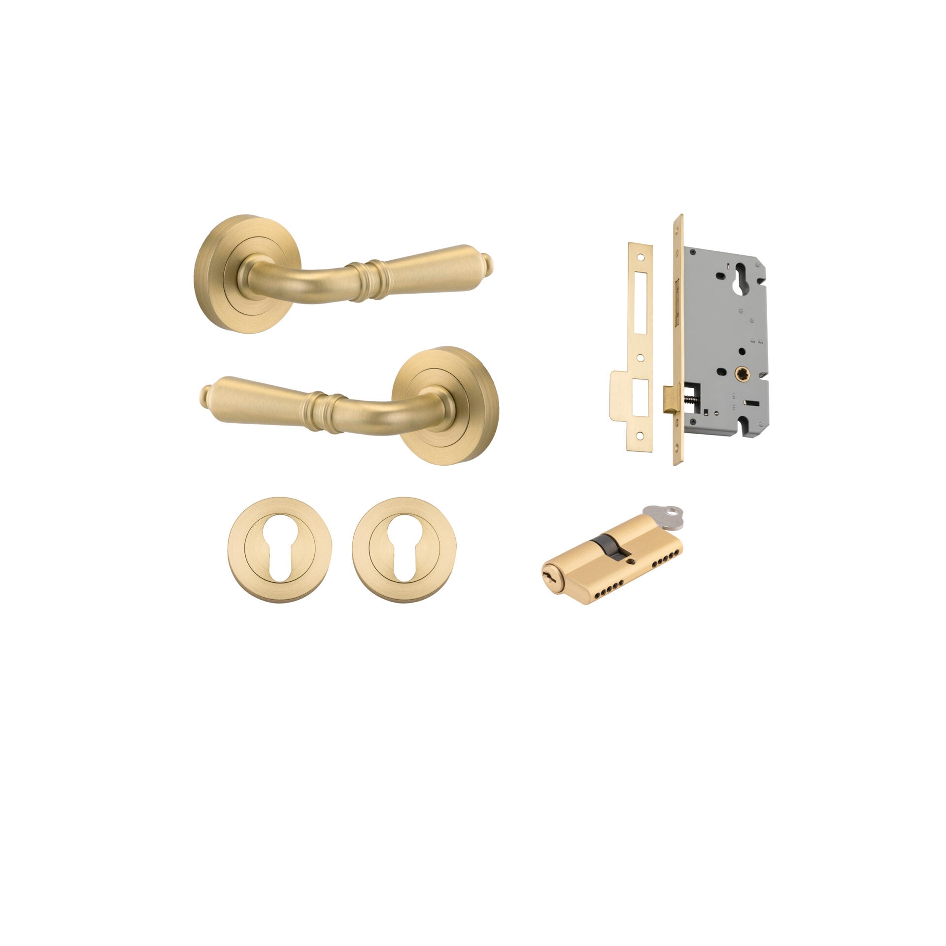 Sarlat Lever - Round Rose - Entry Point - Iver - Brushed Gold PVD - Door Levers