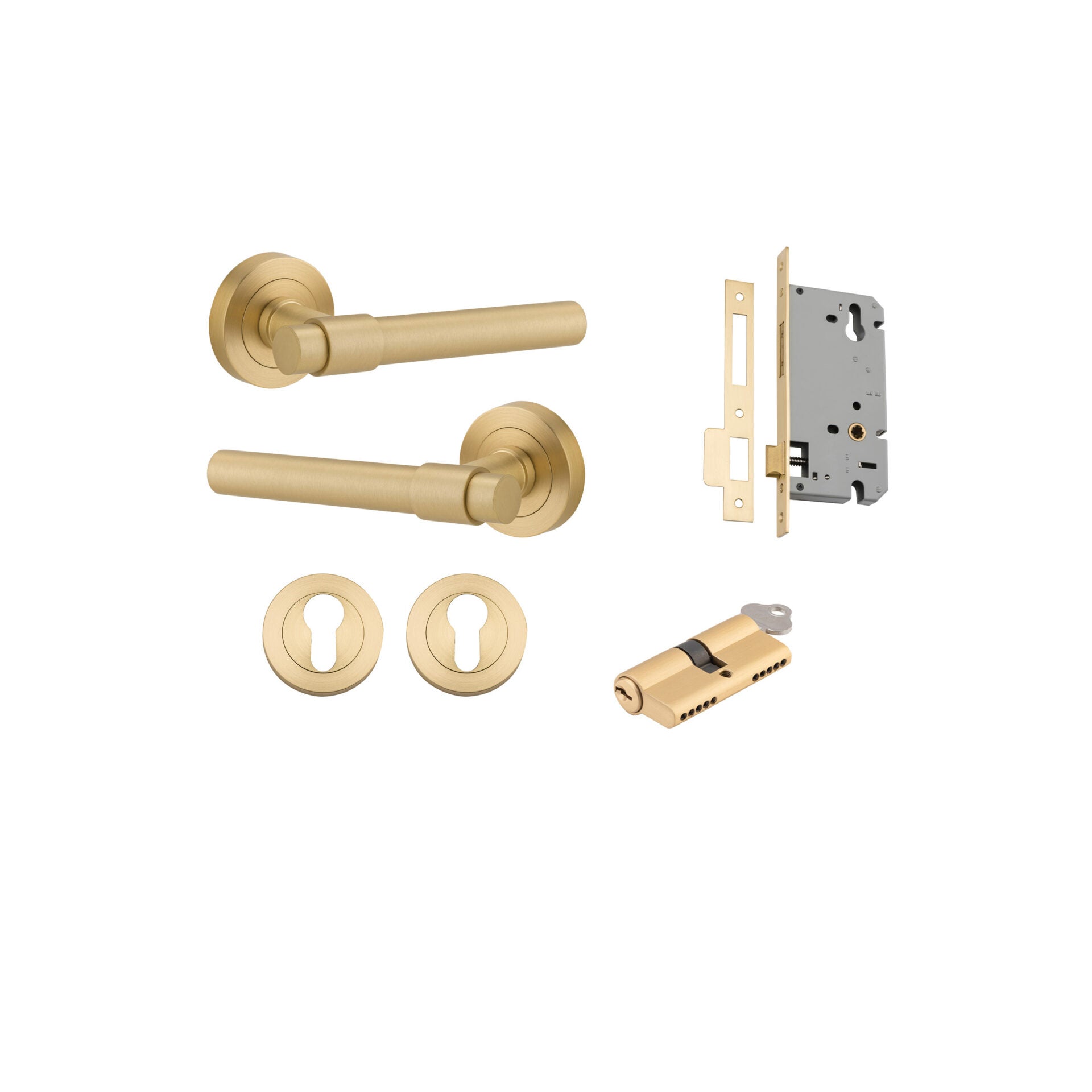 Helsinki Lever - Round Rose - Entry Point - Iver - Brushed Gold PVD - Door Levers