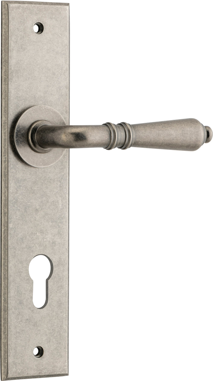 Sarlat Lever - Chamfered Backplate - Entry Point - Iver - Distressed Nickel - Door Levers