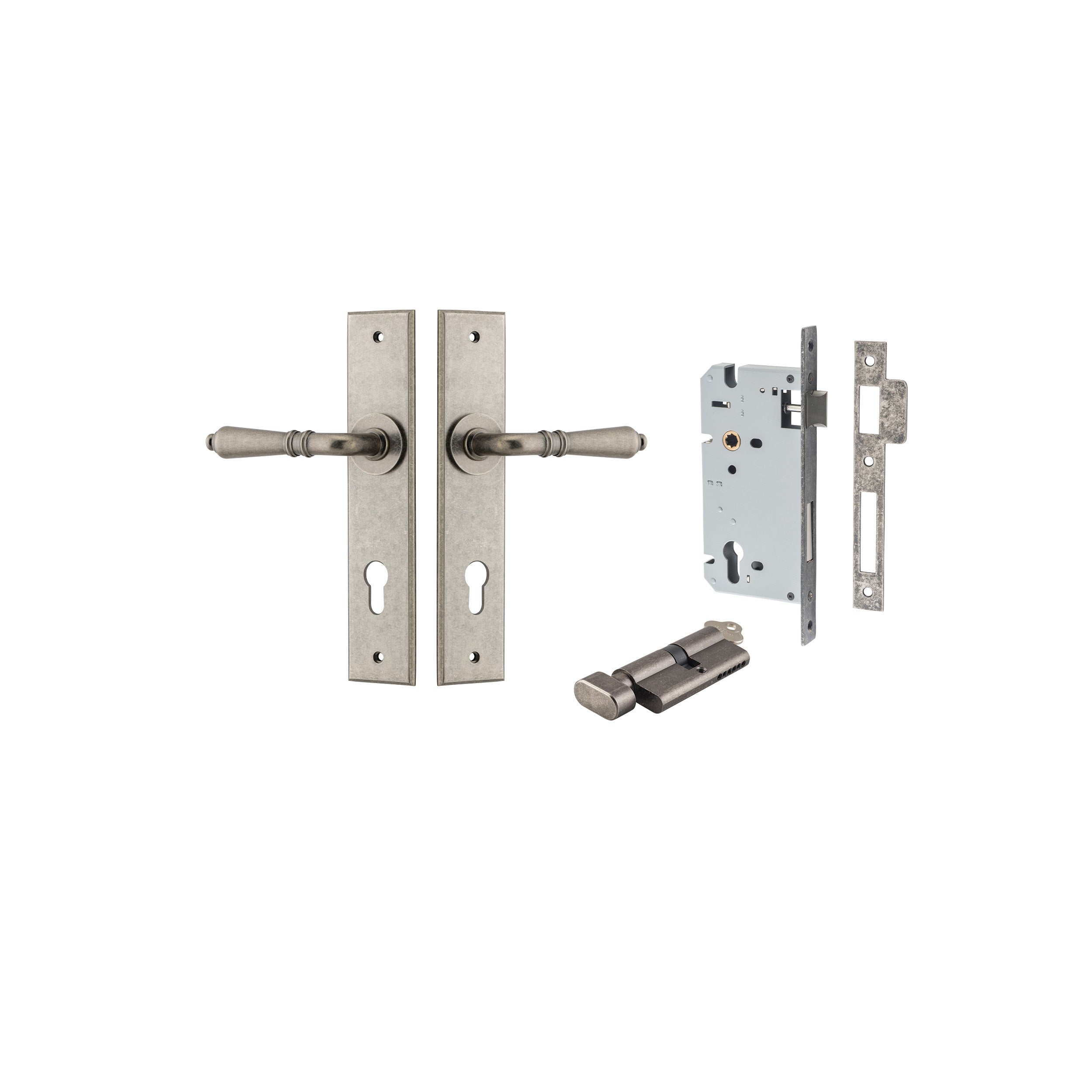 Sarlat Lever - Chamfered Backplate - Entry Point - Iver - Distressed Nickel - Door Levers