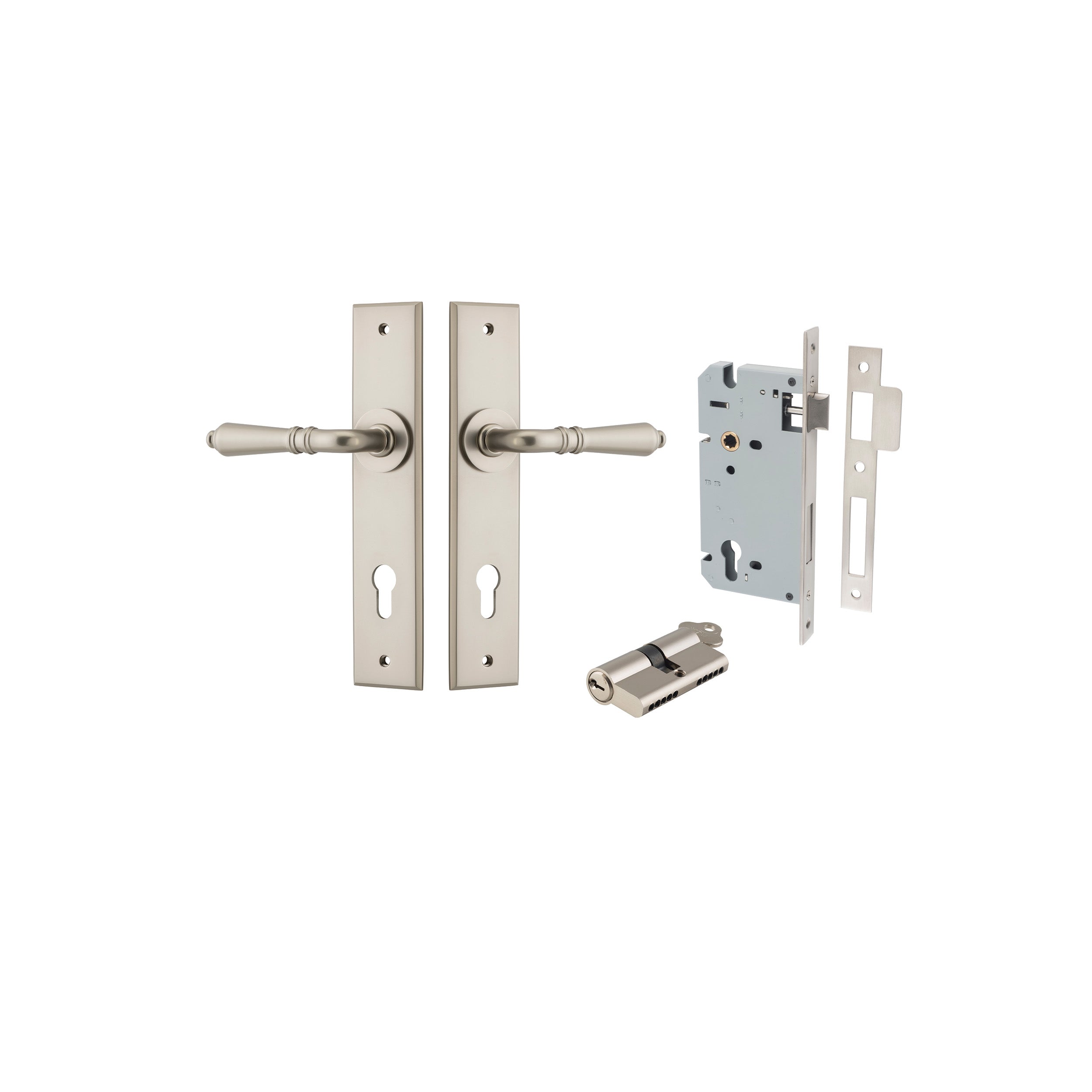 Sarlat Lever - Chamfered Backplate - Entry Point - Iver - Satin Nickel - Door Levers