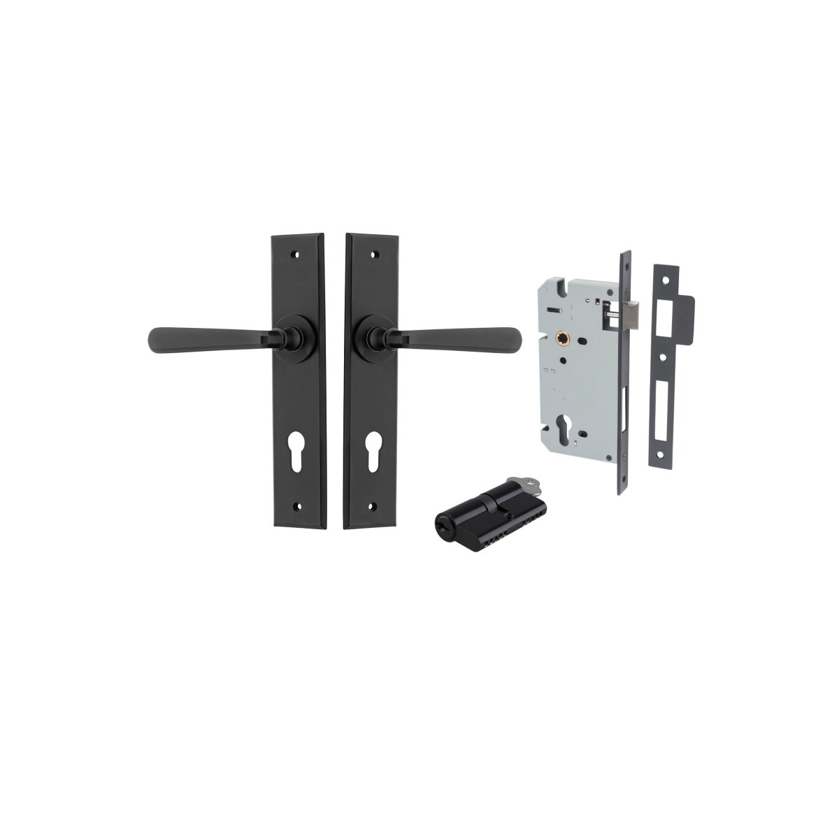 Copenhagen Lever - Chamfered Backplate - Entry Point - Iver - Matt Black - Door Levers