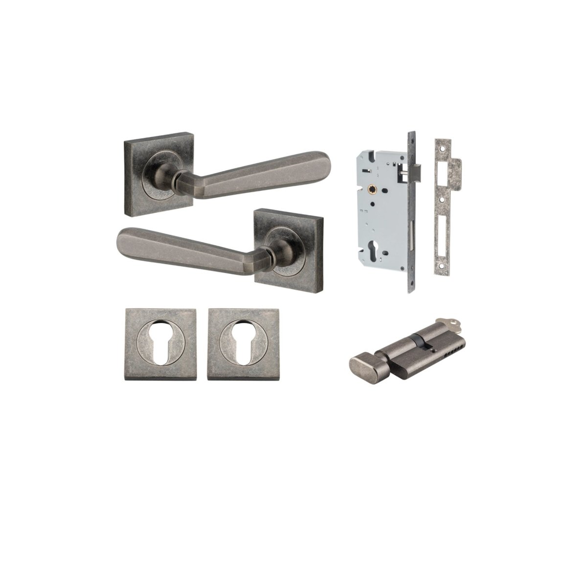 Copenhagen Lever - Square Rose - Entry Point - Iver - Distressed Nickel - Door Levers