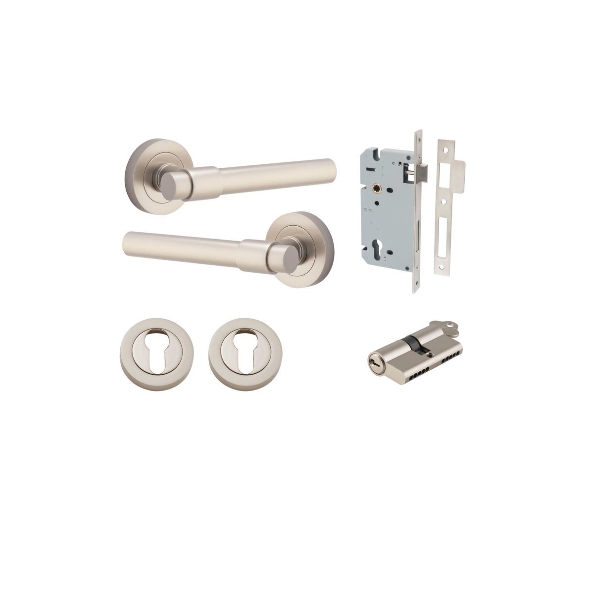 Helsinki Lever - Round Rose - Entry Point - Iver - Satin Nickel - Door Levers