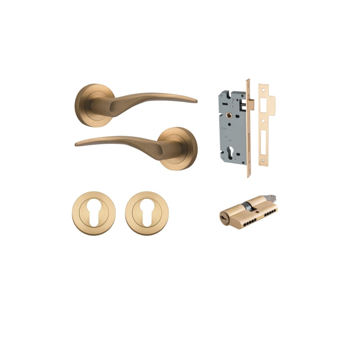 Oxford Lever - Round Rose - Entry Point - Iver - Brushed Brass - Door Levers