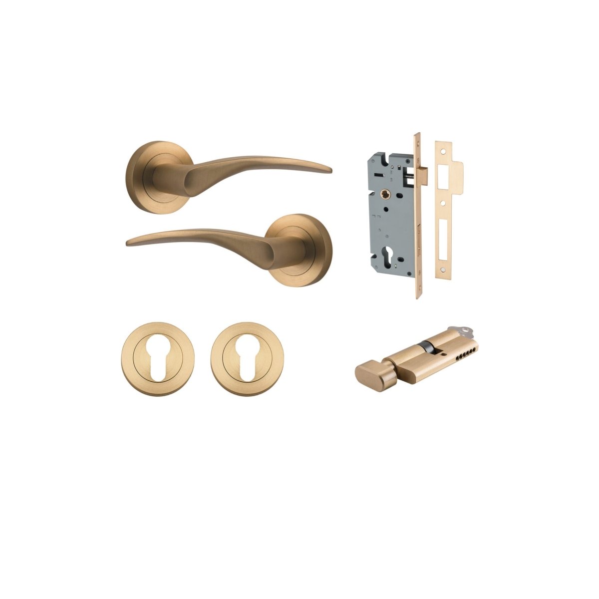 Oxford Lever - Round Rose - Entry Point - Iver - Brushed Brass - Door Levers