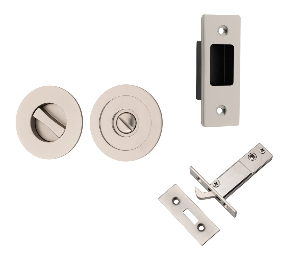 Round Sliding Flush Door Privacy Kit - Entry Point - Iver - Satin Nickel - Sliding Door Pulls