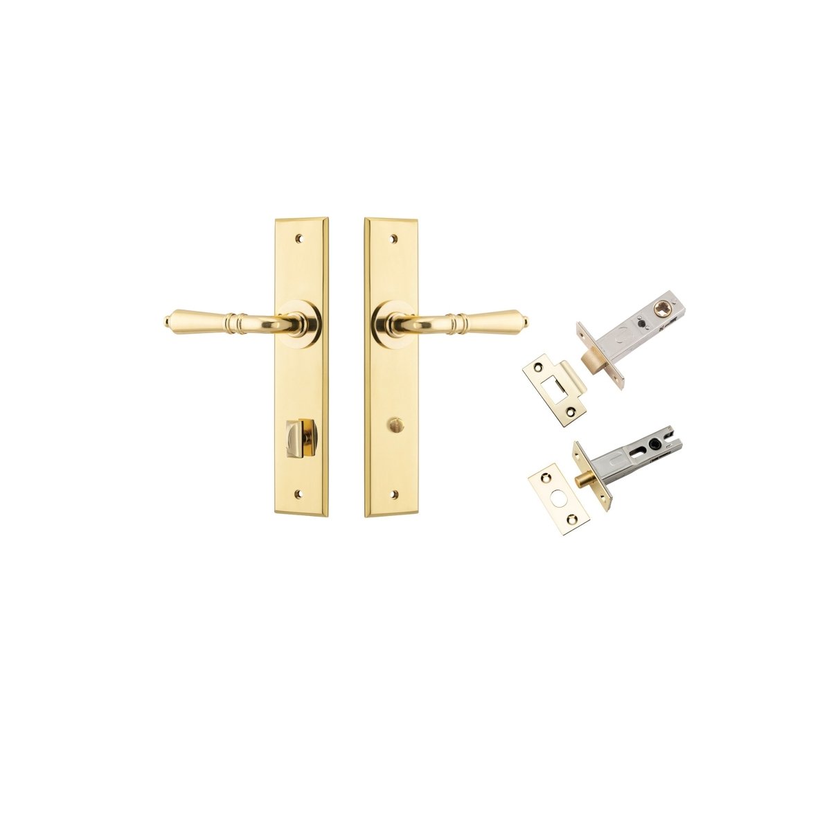 Sarlat Lever - Chamfered Backplate - Entry Point - Iver - Polished Brass - Door Levers