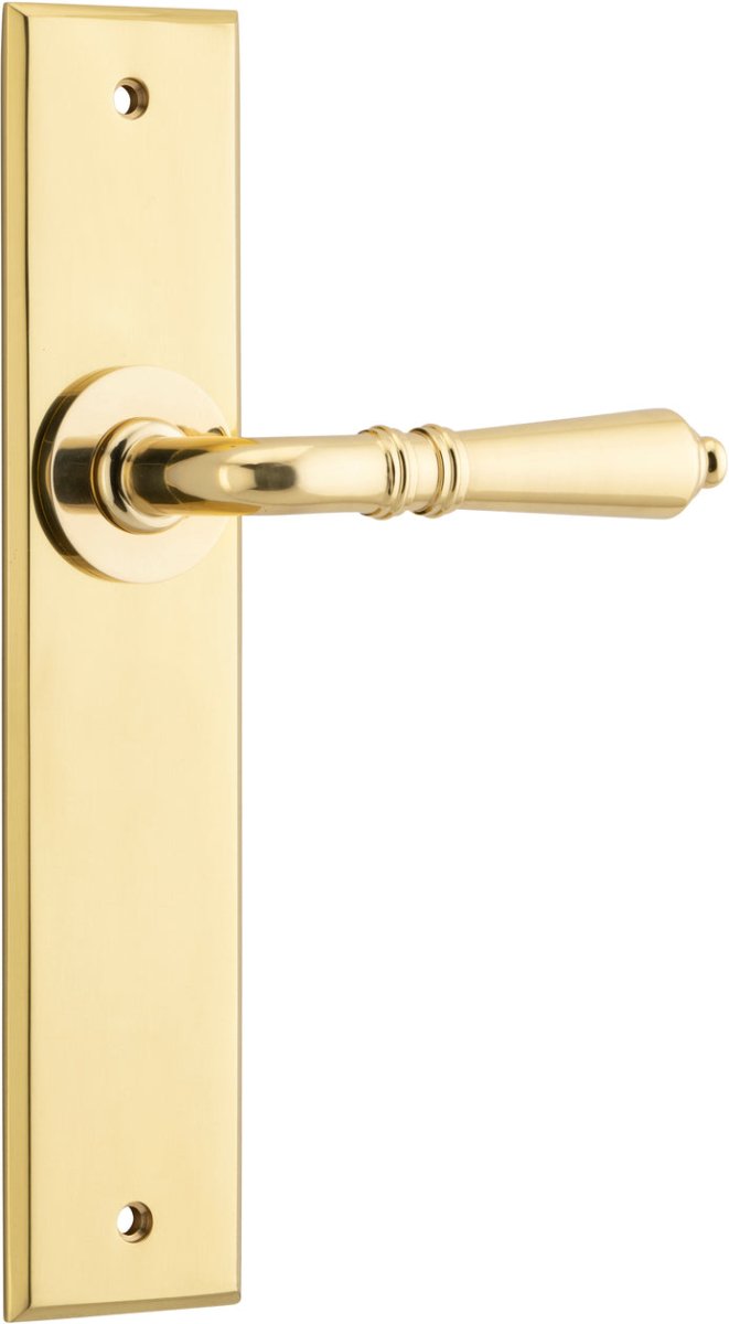 Sarlat Lever - Chamfered Backplate - Entry Point - Iver - Polished Brass - Door Levers