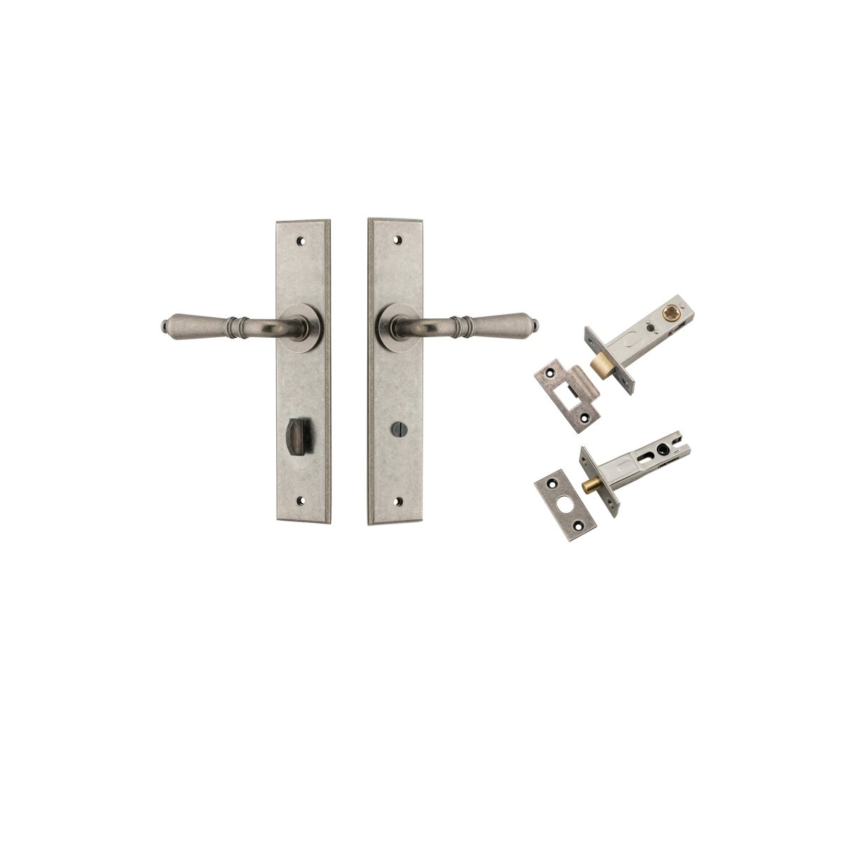 Sarlat Lever - Chamfered Backplate - Entry Point - Iver - Distressed Nickel - Door Levers