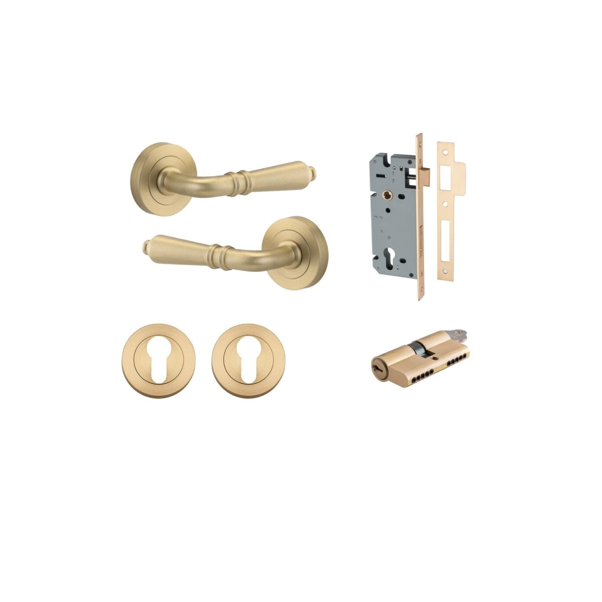 Sarlat Lever - Round Rose - Entry Point - Iver - Brushed Brass - Door Levers